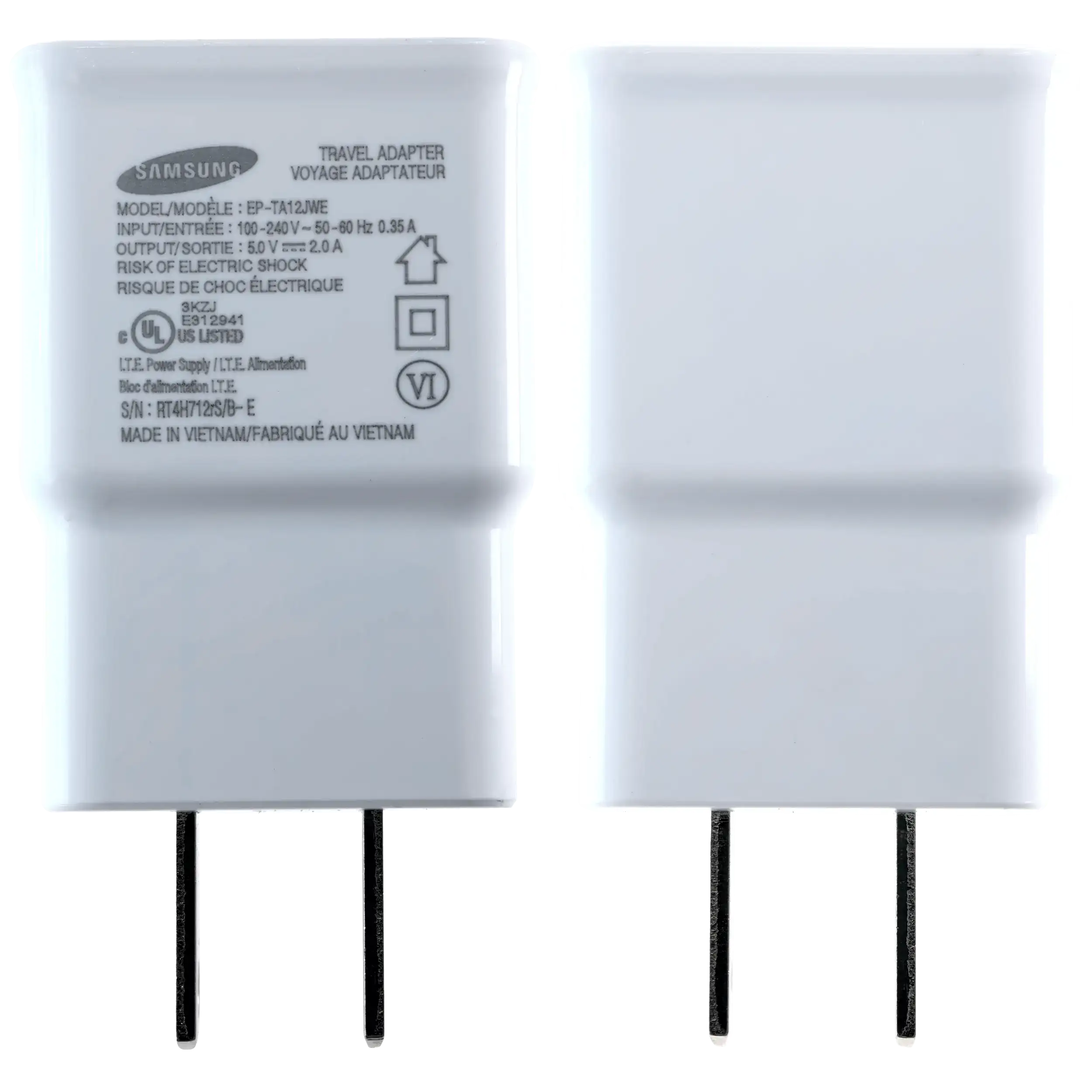 Samsung USB-A Travel Wall Power Adapter (5V / 2A / 10W) (100-240V) (US Version) (OEM Brand New, Bulk Packaging) (White)
