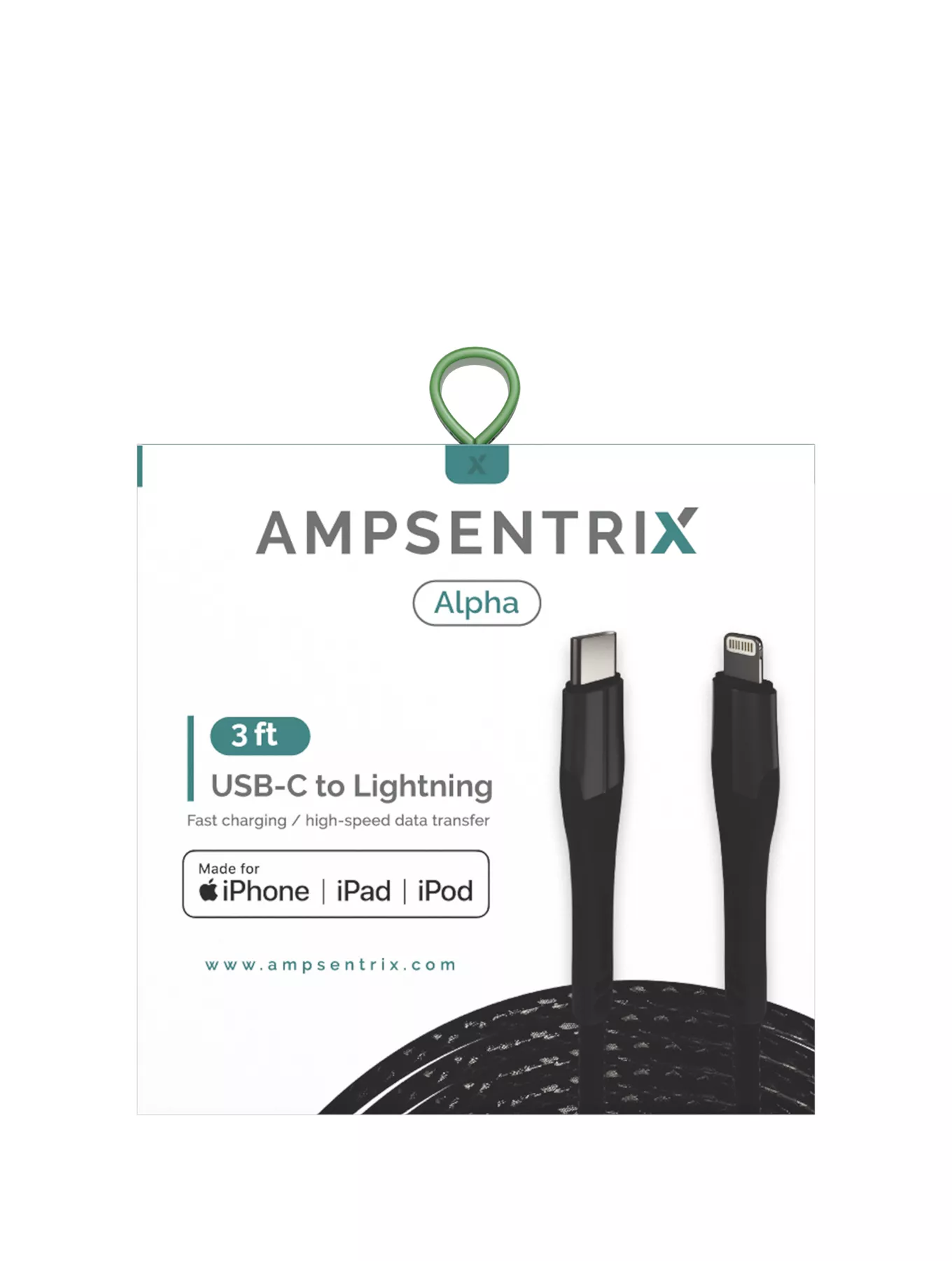 AmpSentrix Alpha Lightning to USB-C Cable (MFI) (1m, 3ft) (Black)