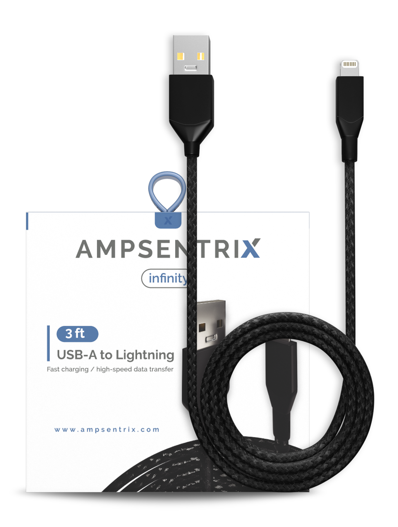 AmpSentrix Infinity USB-A to Lightning Cable (Non-MFI) (1m, 3ft) (Black)
