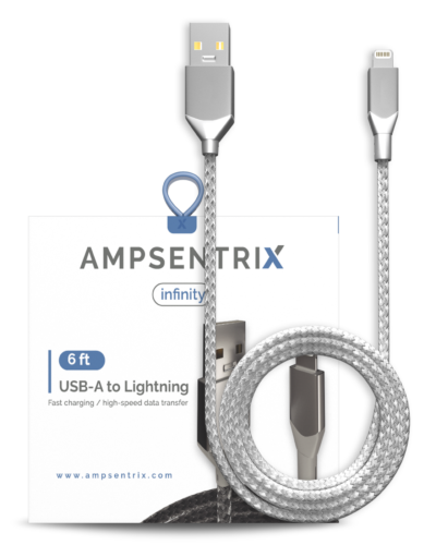 AmpSentrix Infinity USB-A to Lightning Cable (Non-MFI) (2m, 6ft) (Silver)