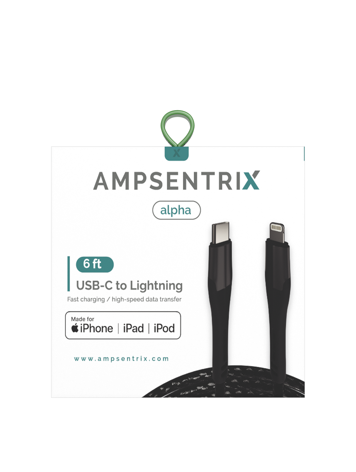 AmpSentrix Alpha Lightning to USB-C Cable (MFI) (2m, 6ft) (Black)