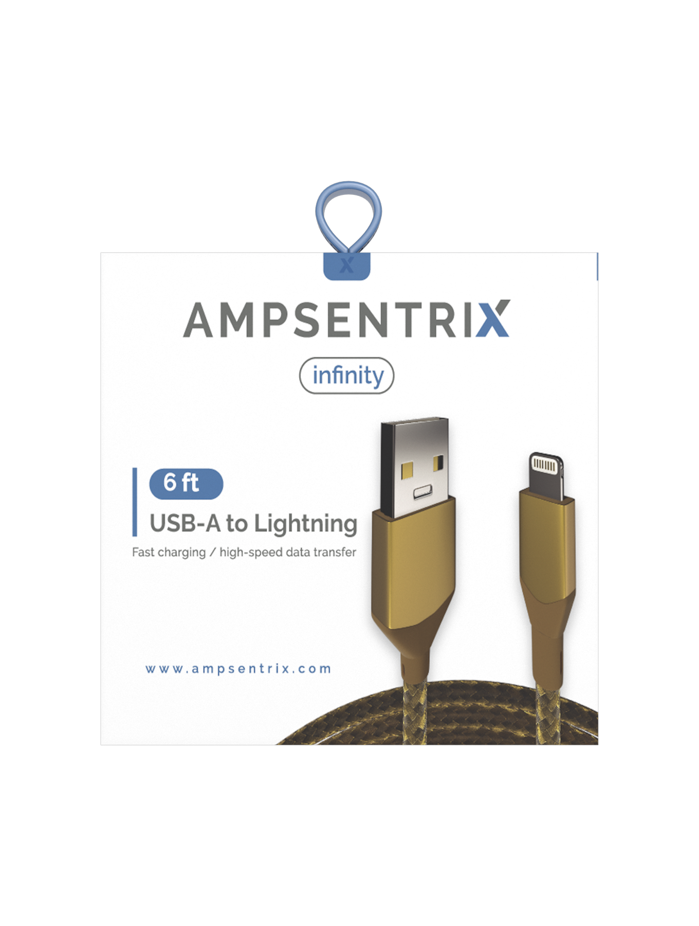 AmpSentrix Infinity USB-A to Lightning Cable (Non-MFI) (2m, 6ft) (Gold)