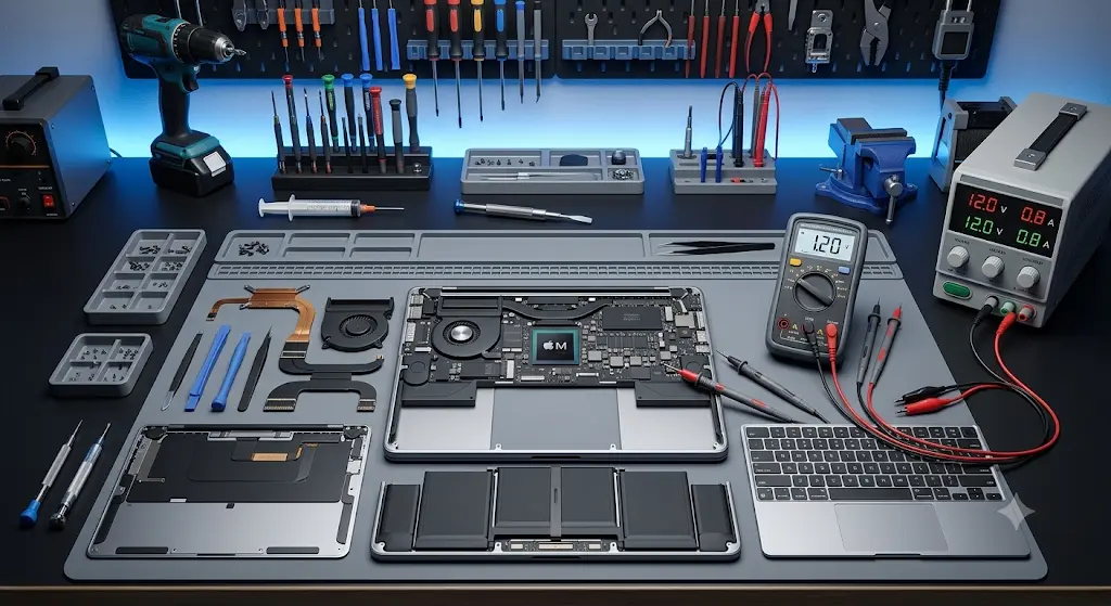 MacBook repair at ThrifTech in Welland and Fonthill with opened MacBook, tools and diagnostic equipment