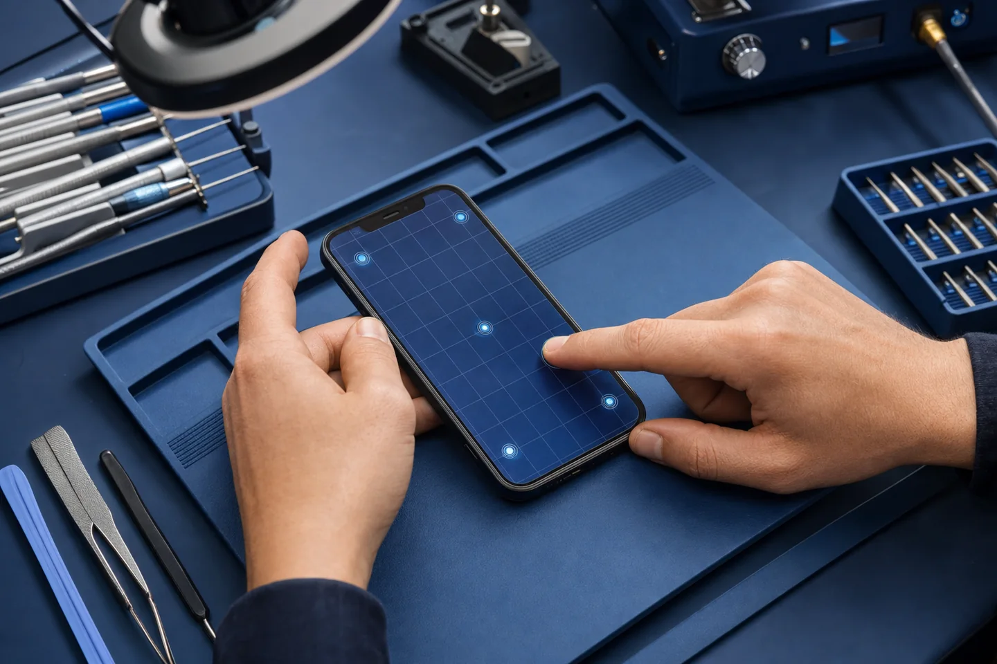Technician performing a phone touch screen diagnostic