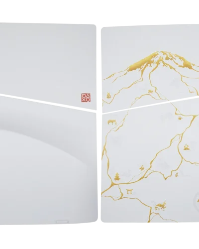 Ghost of Yotei faceplate cover for PS5 Slim Disc Edition, white with gold-tone mountain ink-art design