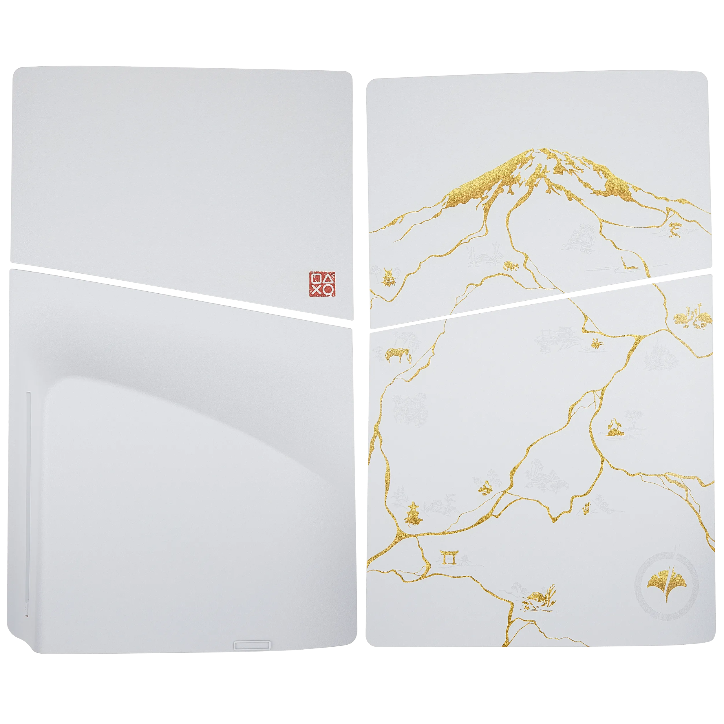 Ghost of Yotei faceplate cover for PS5 Slim Disc Edition, white with gold-tone mountain ink-art design