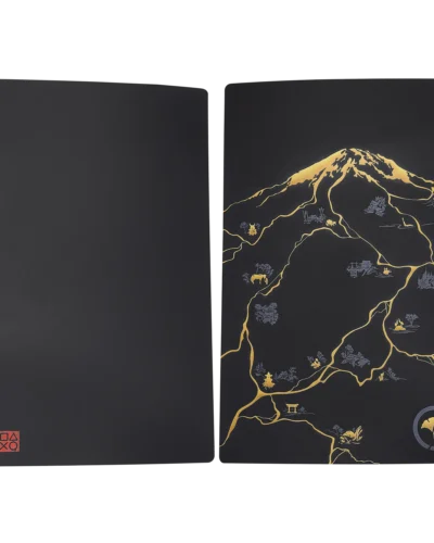 Ghost of Yotei faceplate cover for original PS5, black with gold-tone mountain ink-art design