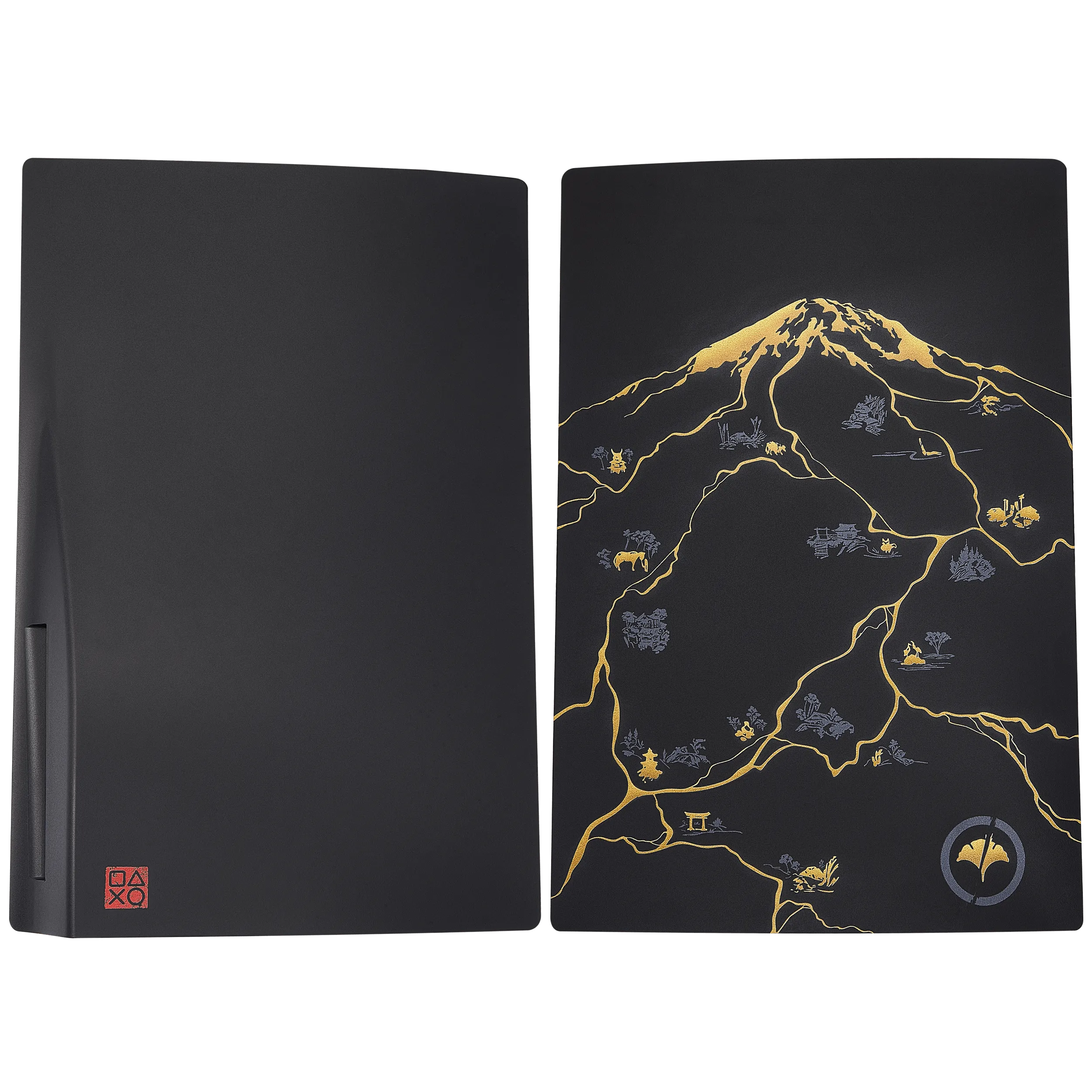 Ghost of Yotei faceplate cover for original PS5, black with gold-tone mountain ink-art design