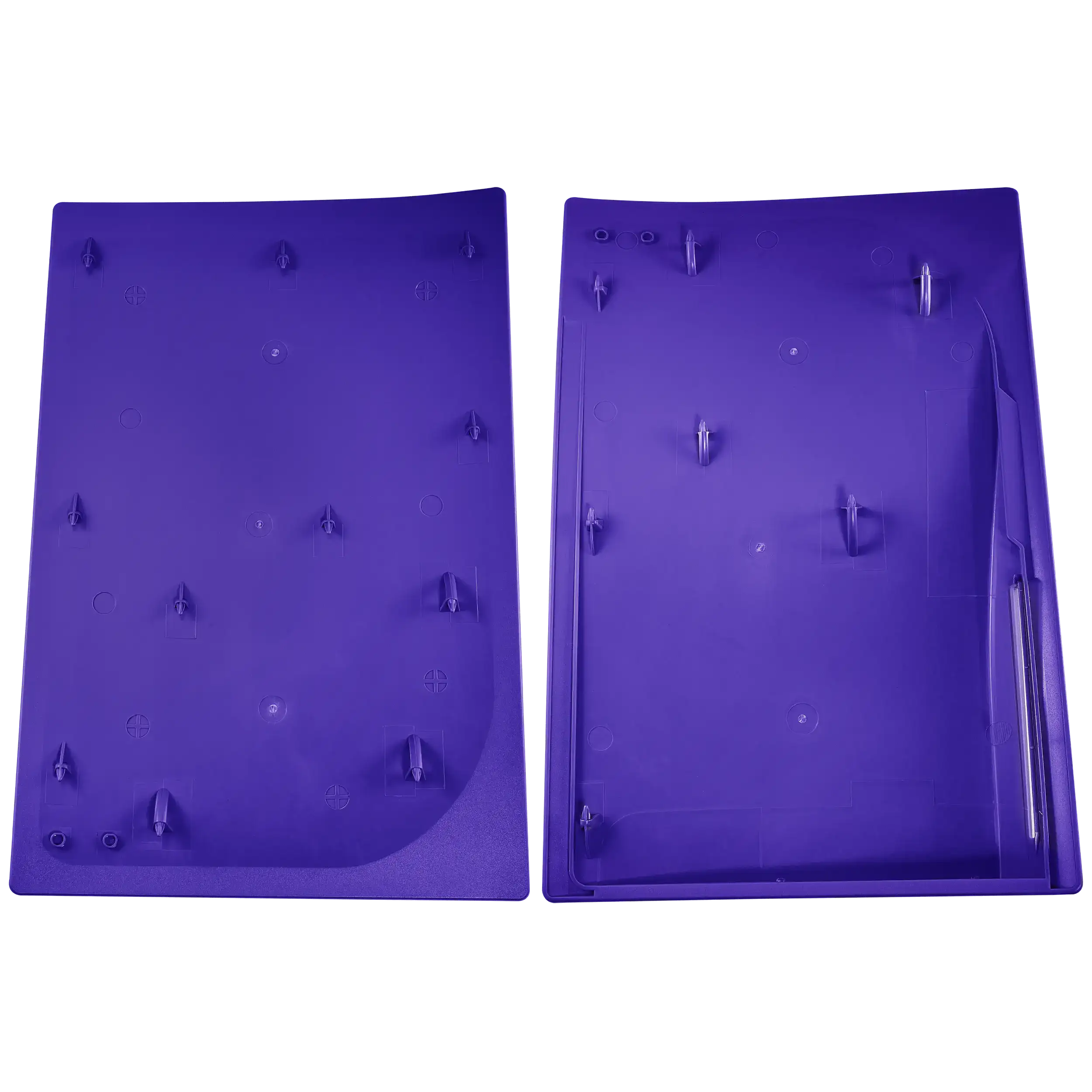 Underside of PS5 faceplate cover showing mounting clips and screw posts