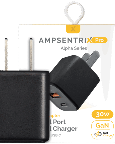 AmpSentrix Pro 30W dual-port GaN wall charger in Black Titanium