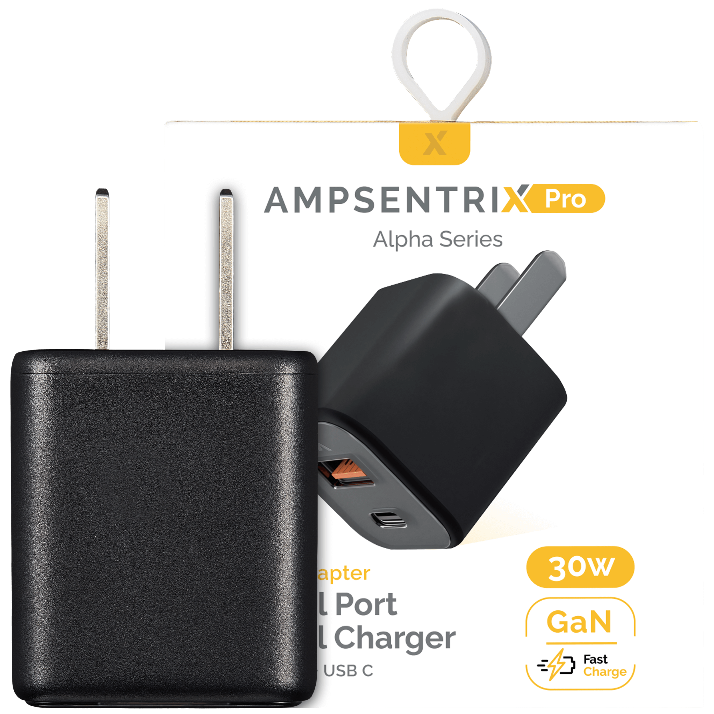 AmpSentrix Pro 30W dual-port GaN wall charger in Black Titanium