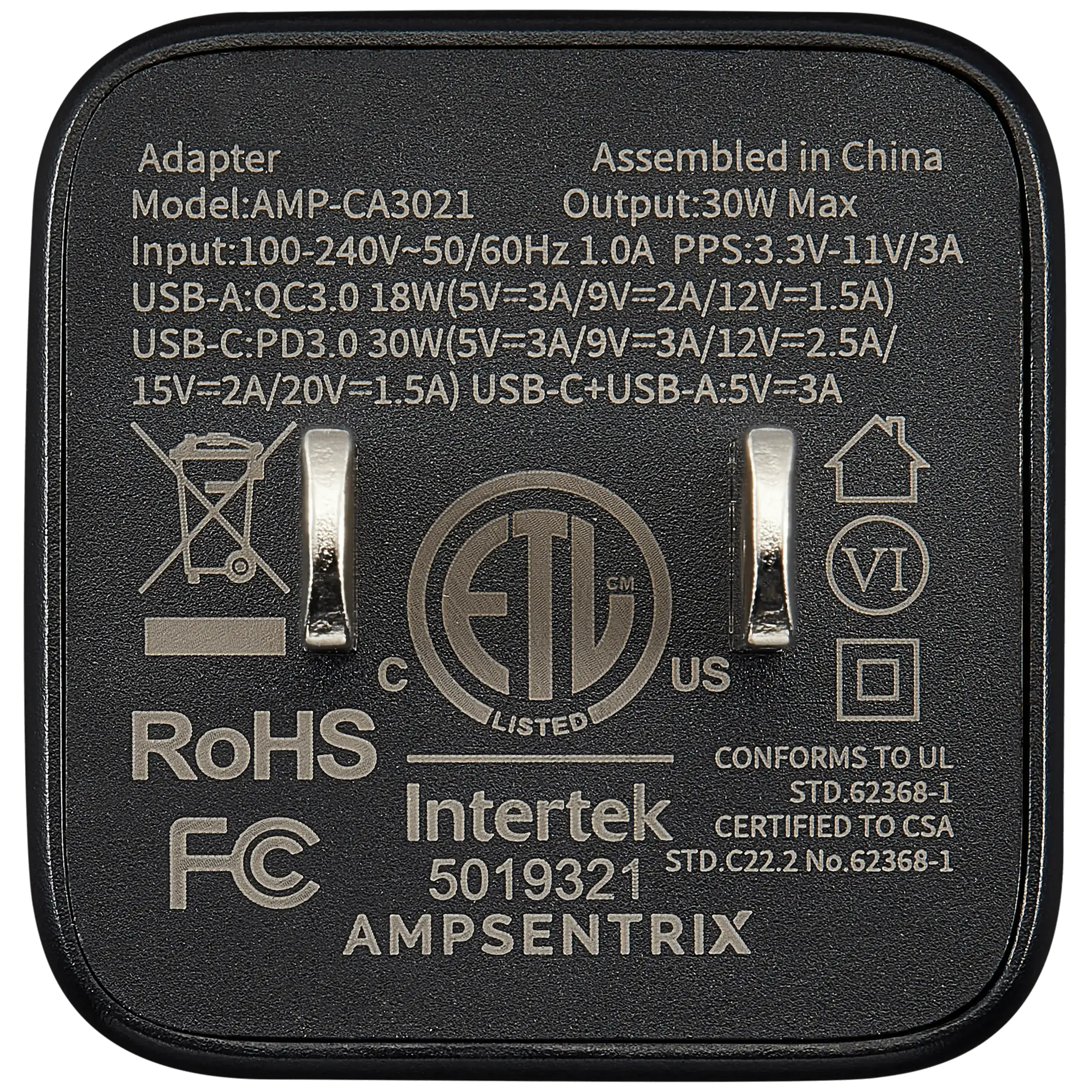 AmpSentrix Pro 30W 2-in-1 USB-C / USB-A GaN Wall Adapter (Black Titanium)