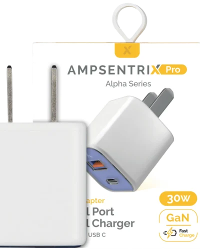 AmpSentrix Pro 30W 2-in-1 USB-C / USB-A GaN Wall Adapter (Ultramarine)