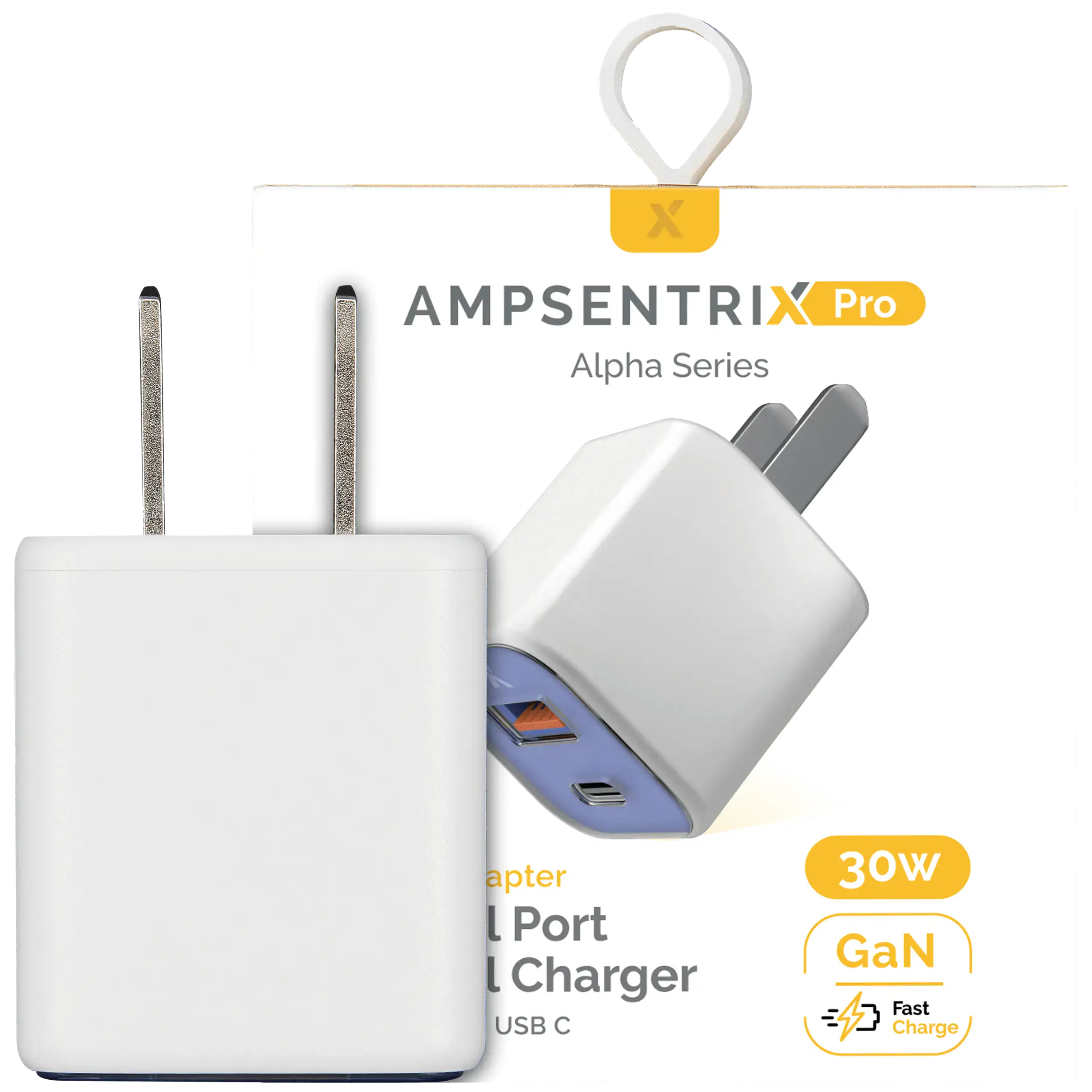 AmpSentrix Pro 30W 2-in-1 USB-C / USB-A GaN Wall Adapter (Ultramarine)