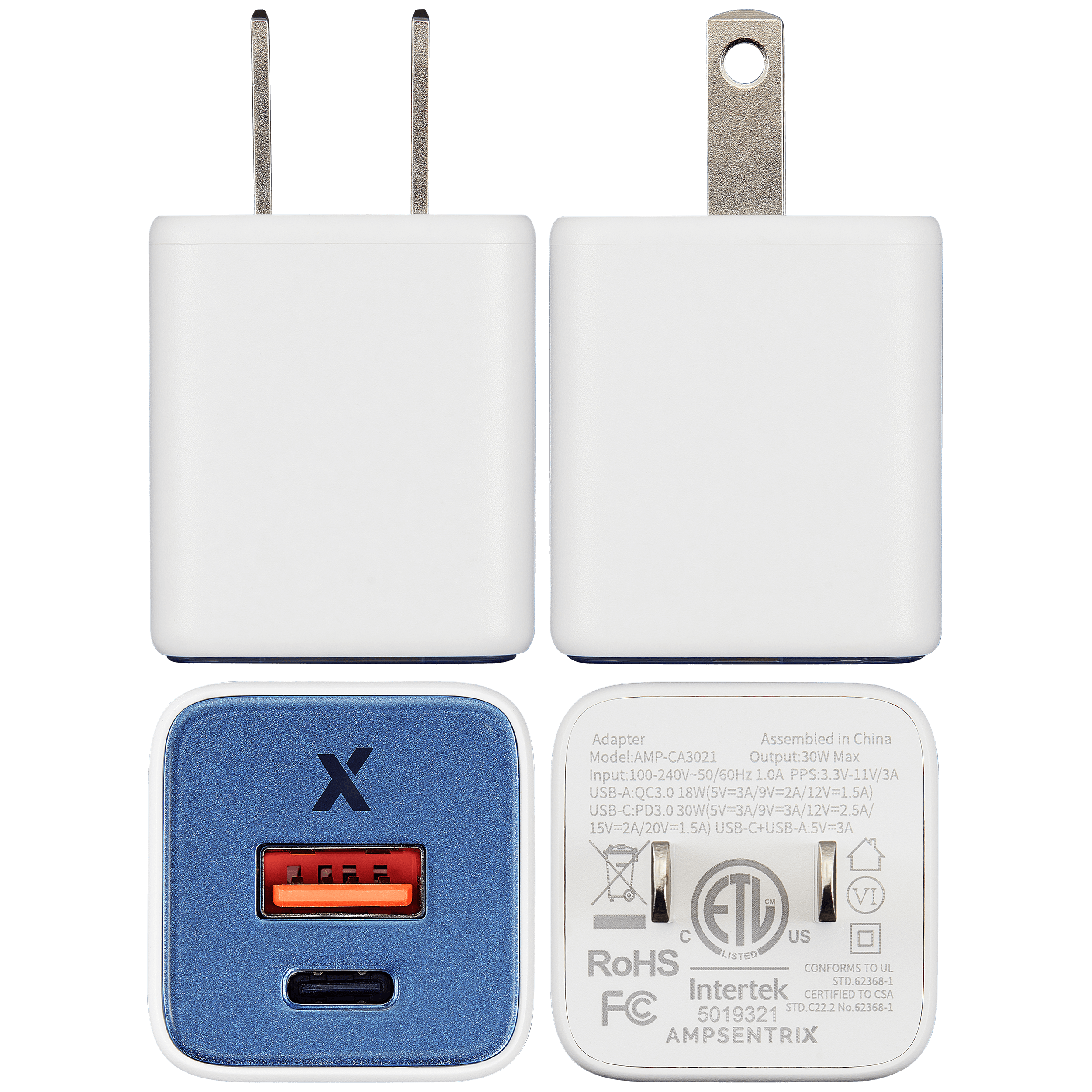 AmpSentrix Pro 30W 2-in-1 USB-C / USB-A GaN Wall Adapter (Ultramarine)