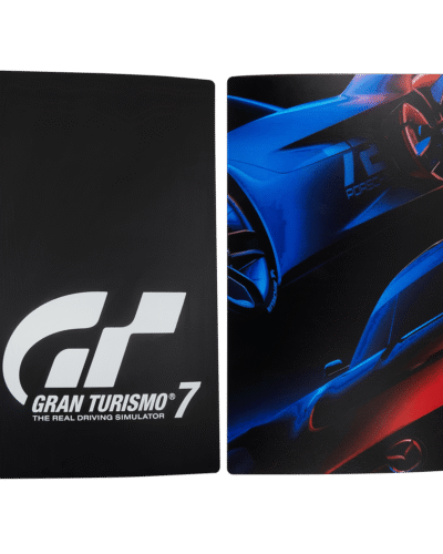 Gran Turismo 7 faceplate cover for PS5, black panel with GT7 logo and colour racing car print