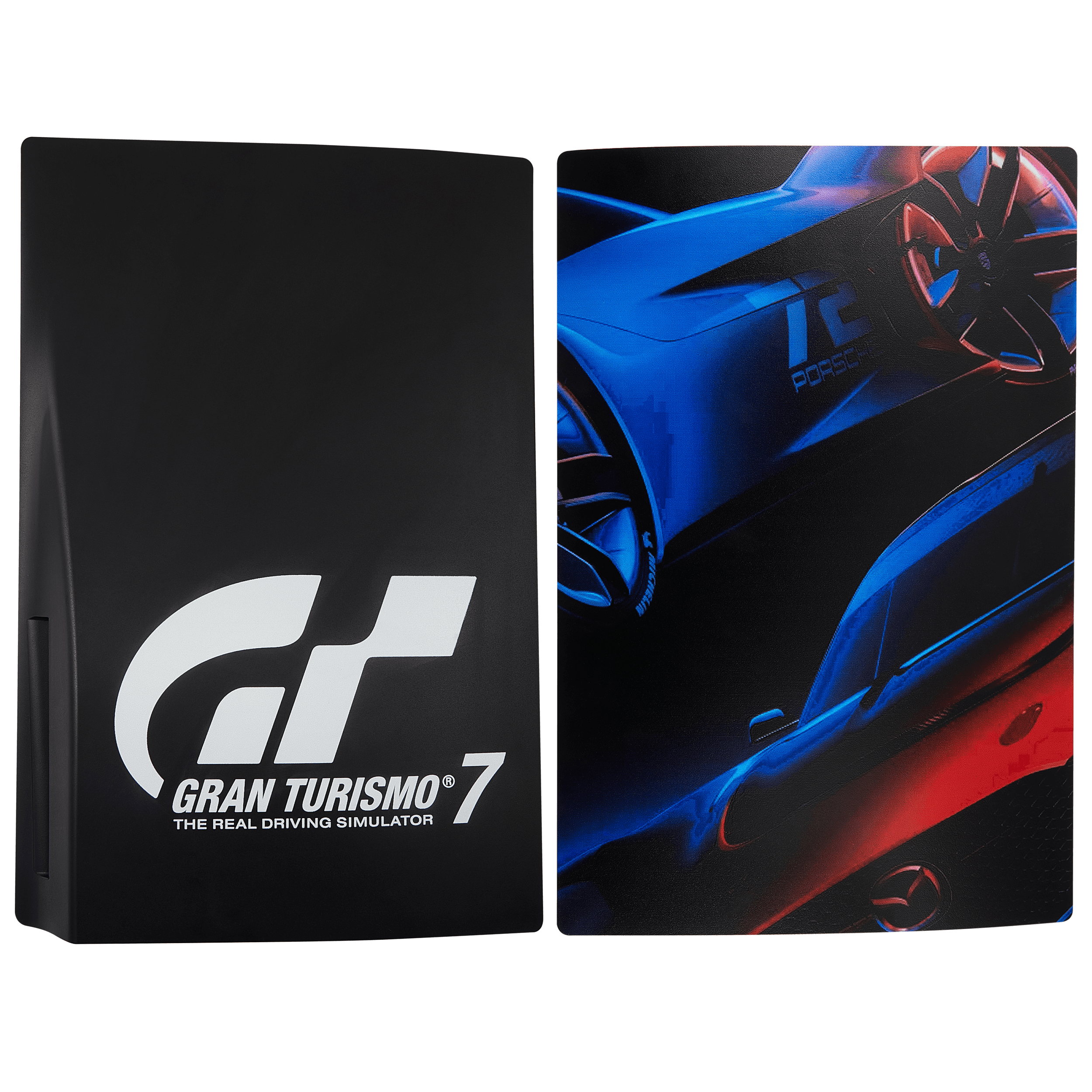 Gran Turismo 7 faceplate cover for PS5, black panel with GT7 logo and colour racing car print