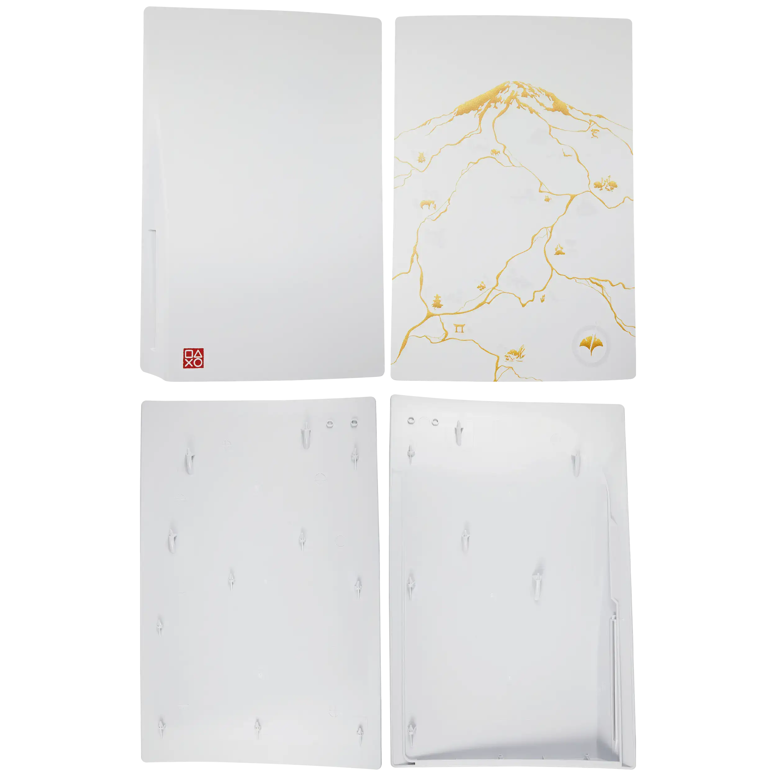 Front view of Ghost of Yotei PS5 faceplate cover set, white and gold