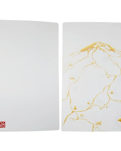 Ghost of Yotei faceplate cover for original PS5, white with gold-tone mountain ink-art design