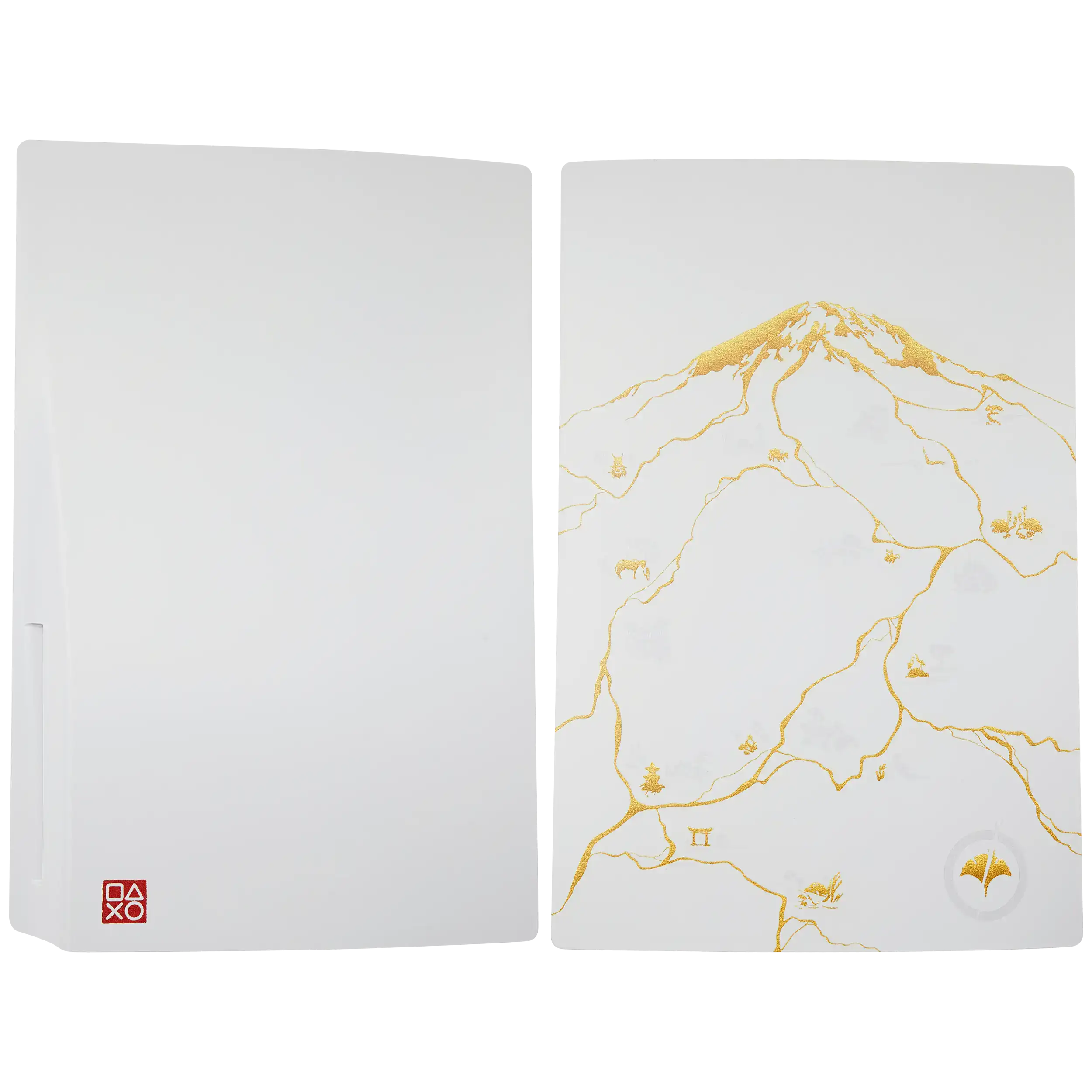 Ghost of Yotei faceplate cover for original PS5, white with gold-tone mountain ink-art design