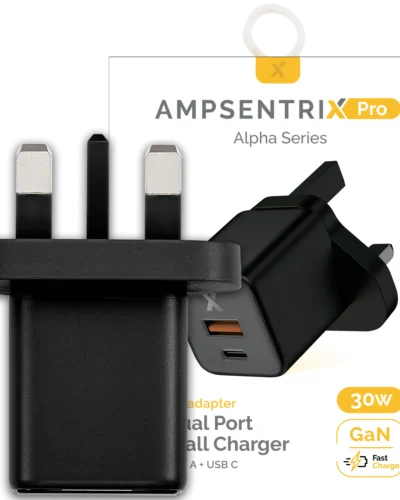 AmpSentrix 30W 2-in-1 USB-C / USB-A Wall Adapter (220V / UK Plug) (Black Titanium)