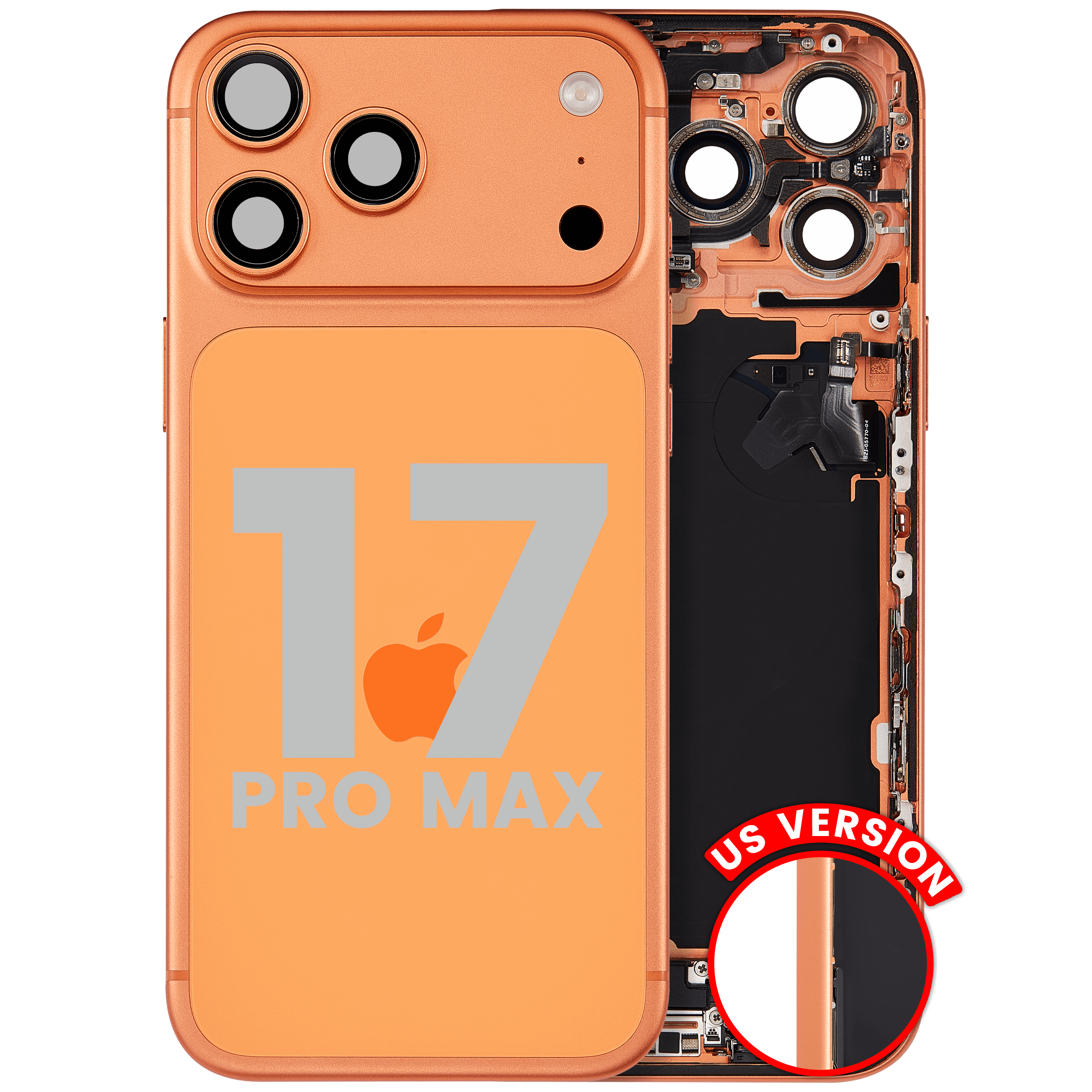 Back Housing W/ Charging Port Flex & Small Parts Compatible For iPhone 17 Pro Max (US Version) (Used OEM Pull: Grade A) (Cosmic Orange)