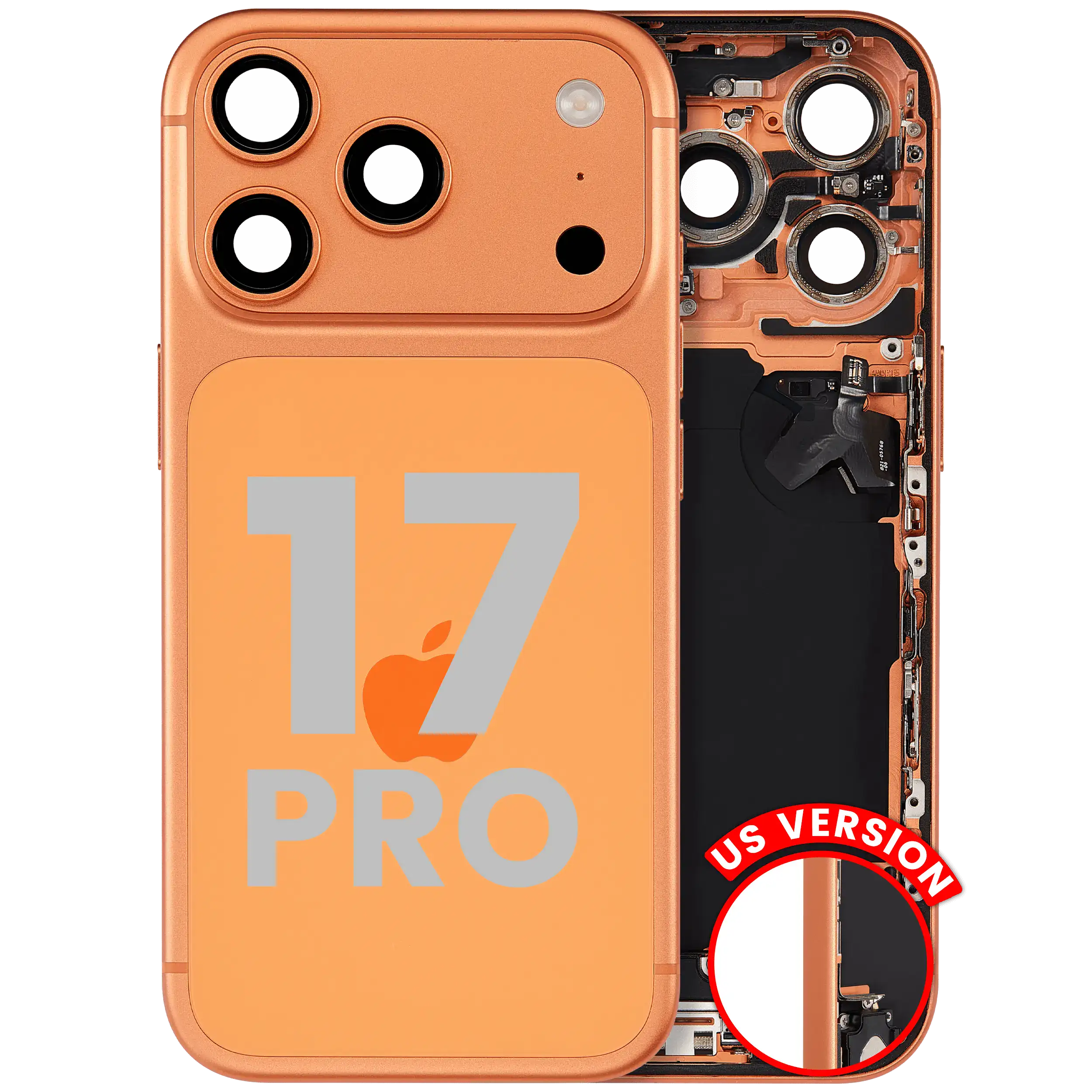 Back Housing W/ Charging Port Flex & Small Parts Compatible For iPhone 17 Pro (US Version) (Used OEM Pull: Grade A) (Cosmic Orange)