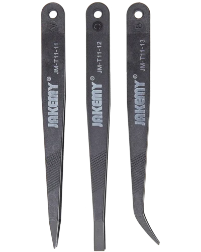 Anti-Static Heat Resistant Flat Pointed Curved Tweezers 3 Piece Set (JM-T11) (Jakemy)