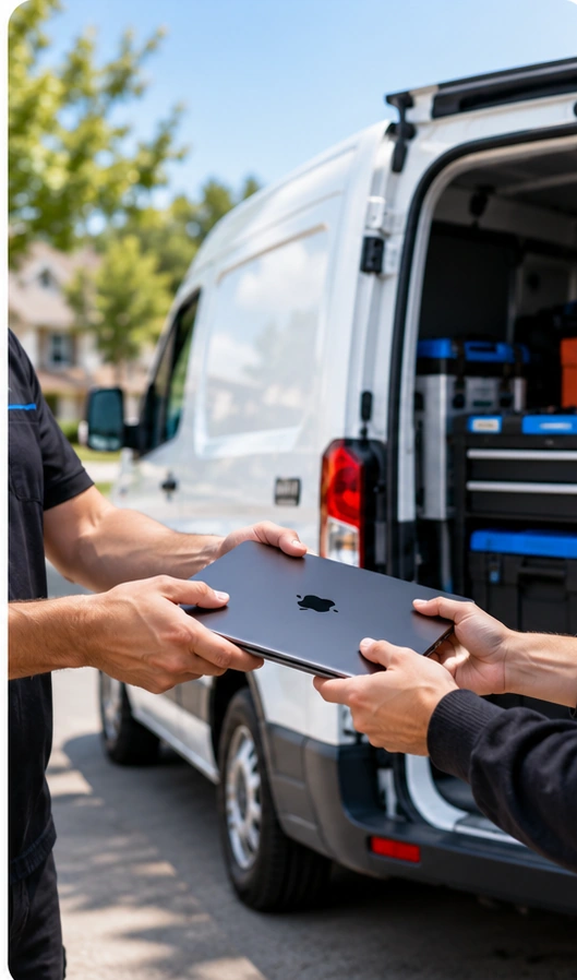 ThrifTech technician handing off a laptop at a pickup van