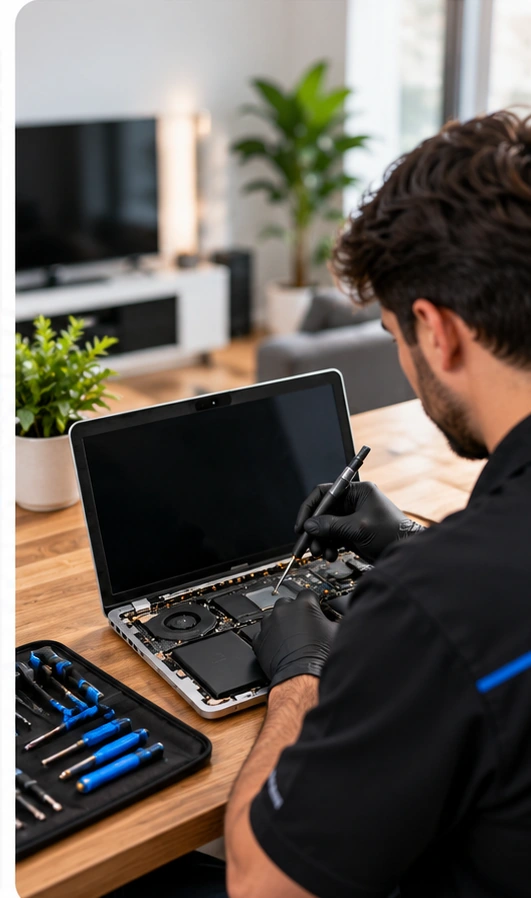 ThrifTech technician repairing a laptop during an on-site visit
