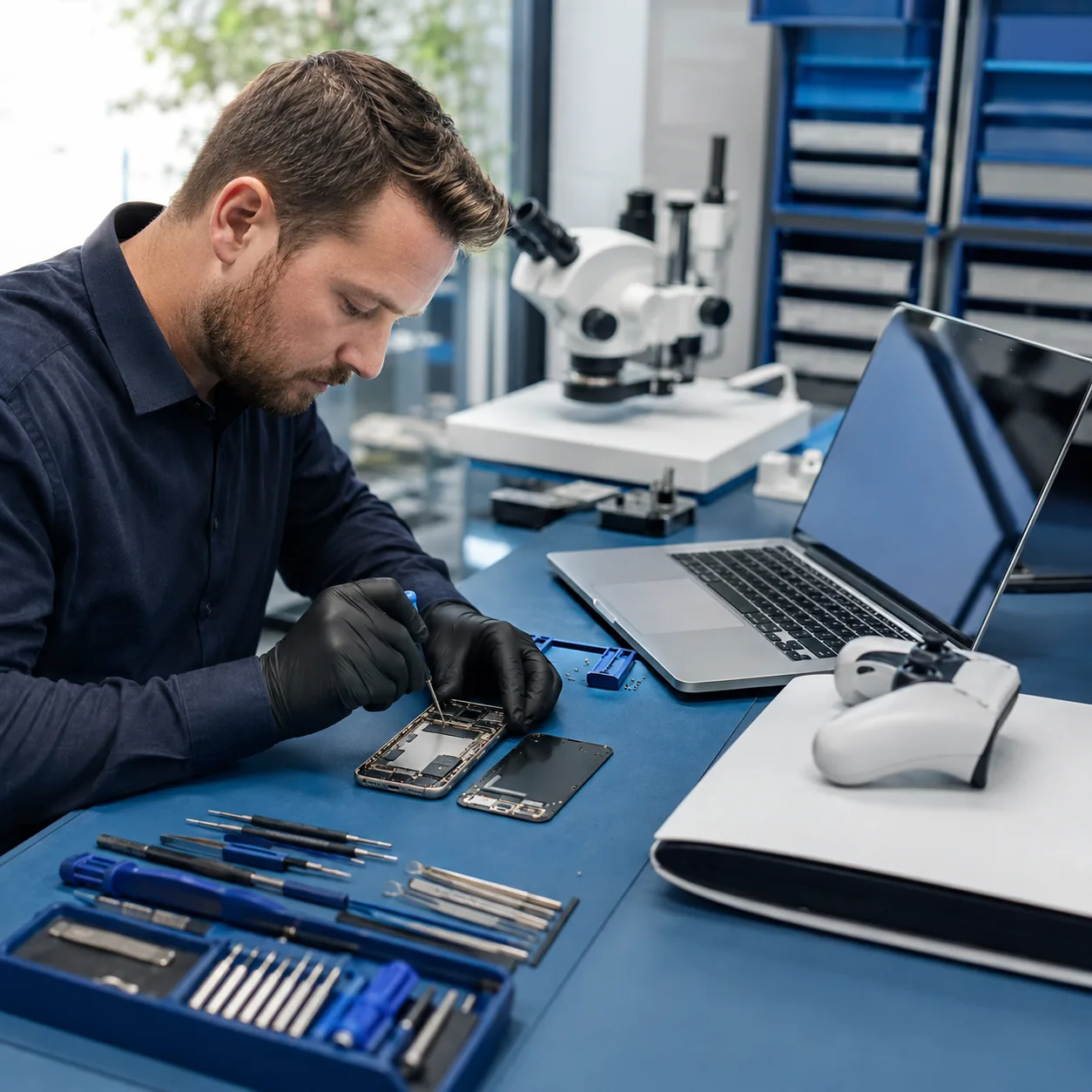 Professional phone, laptop and gaming console repair workbench at ThrifTech
