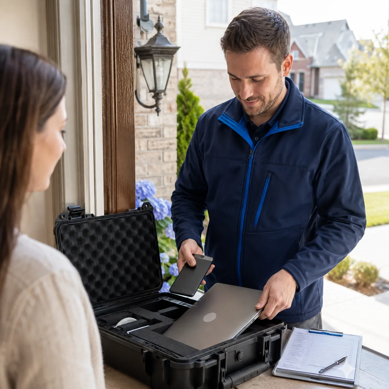 Secure phone and laptop pickup by a ThrifTech service technician