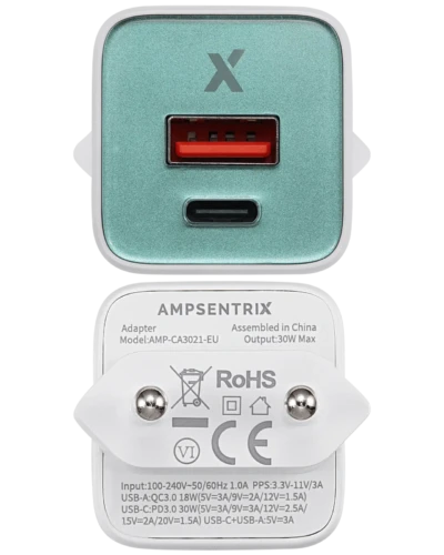 AmpSentrix Pro 30W 2-in-1 USB-C / USB-A GaN Wall Adapter (220V / EU Plug) (Teal)