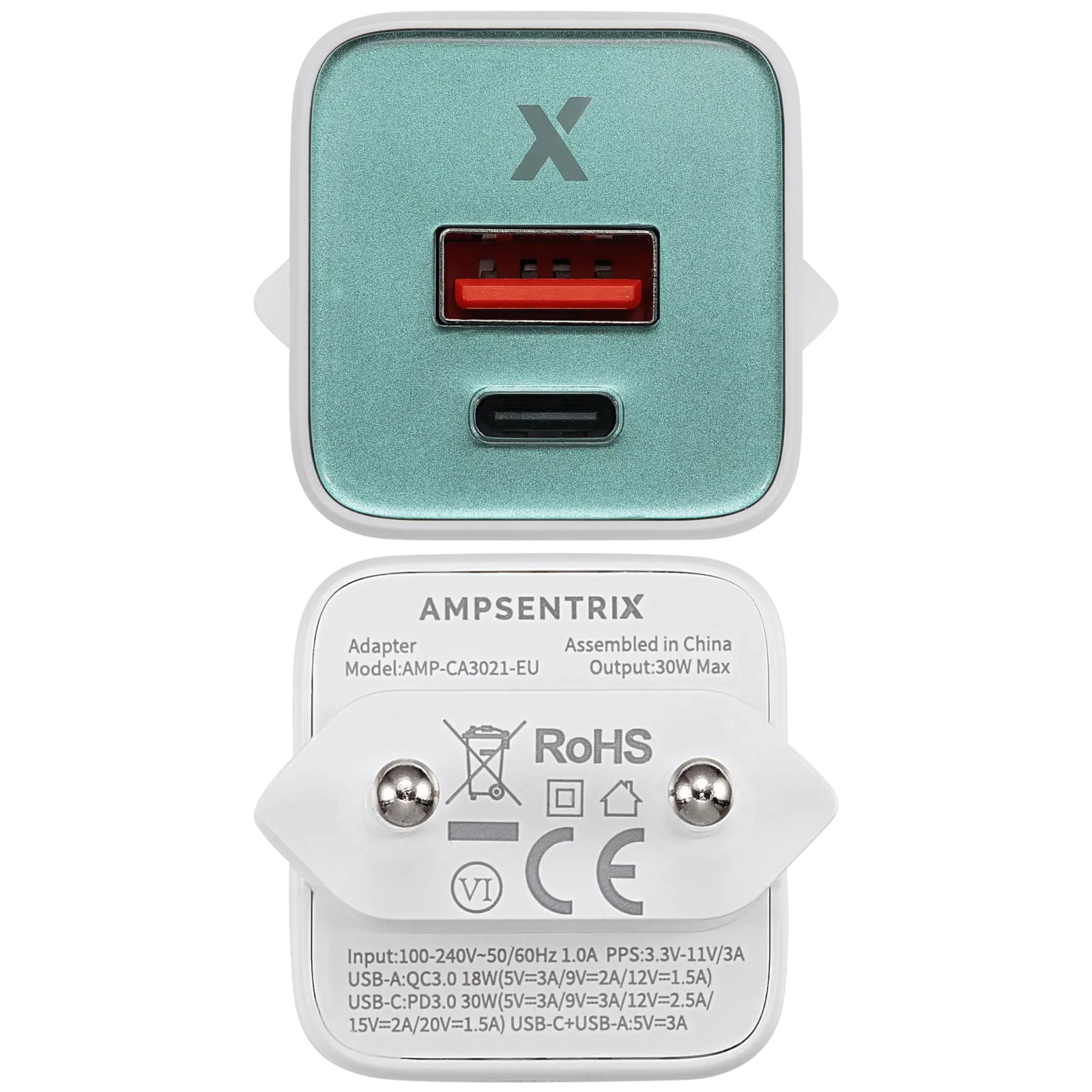 AmpSentrix Pro 30W 2-in-1 USB-C / USB-A GaN Wall Adapter (220V / EU Plug) (Teal)