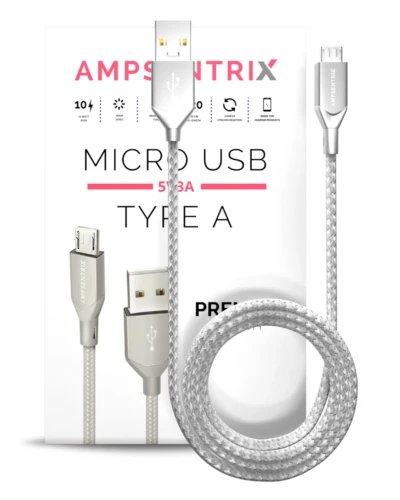 Micro USB To USB Type A Cable (1 m / 3 ft) (AmpSentrix Infinity) (Silver)