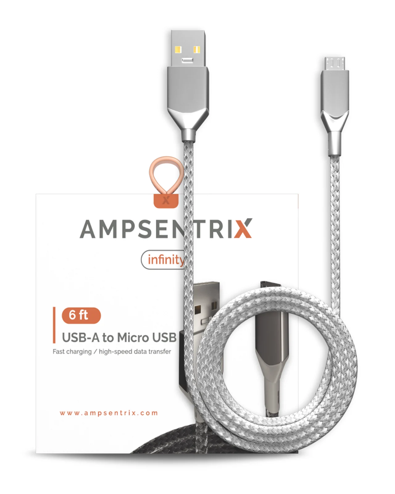 Micro USB To USB Type A Cable (1.8 m / 6 ft) (AmpSentrix Infinity) (Silver) - Image 3