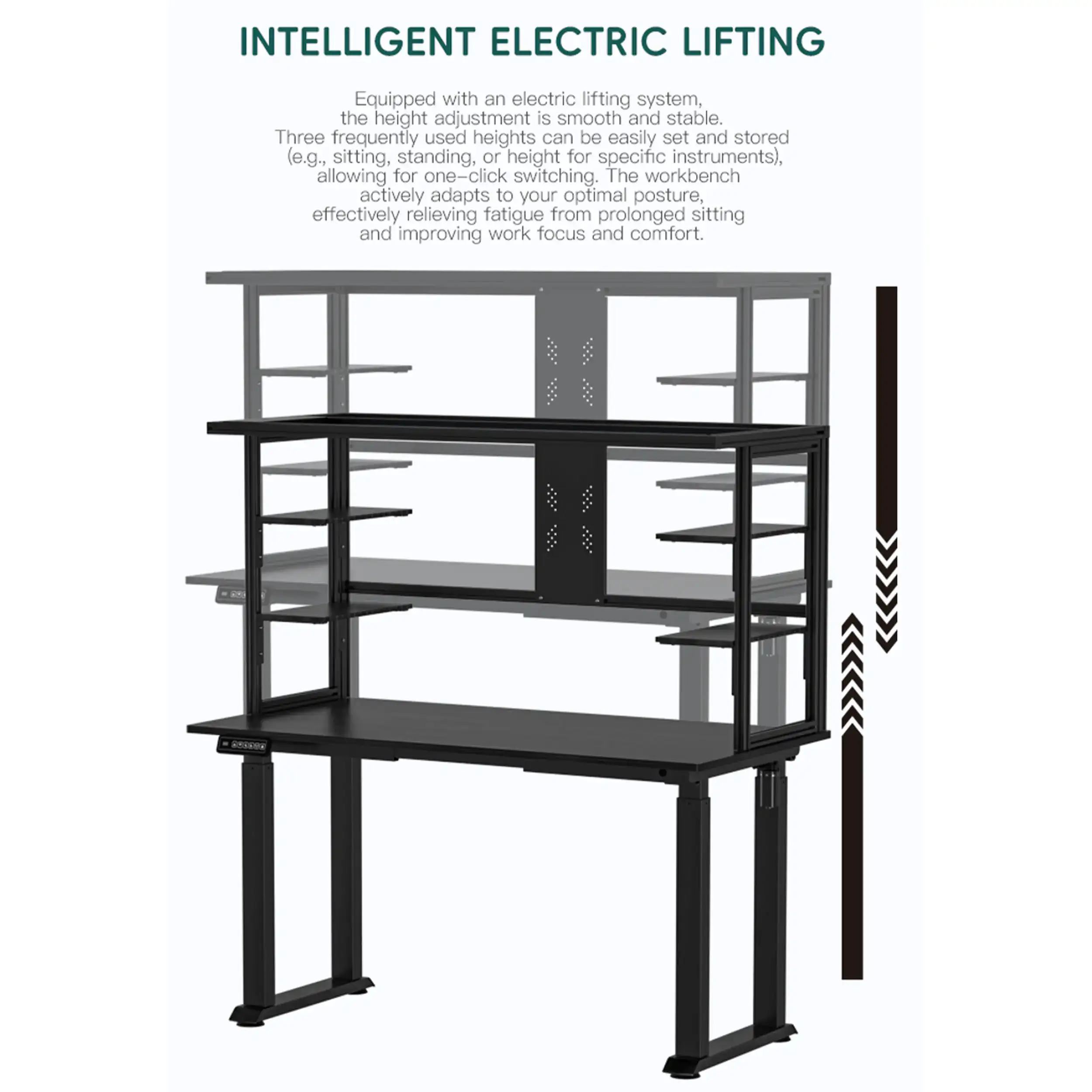 TBK-801 Electric Height Adjustable Repair Workbench With Overhead Lighting, Shelves & Monitor Mount, Heavy-Duty (68lb) (110V - 220V US Plug) - Image 4