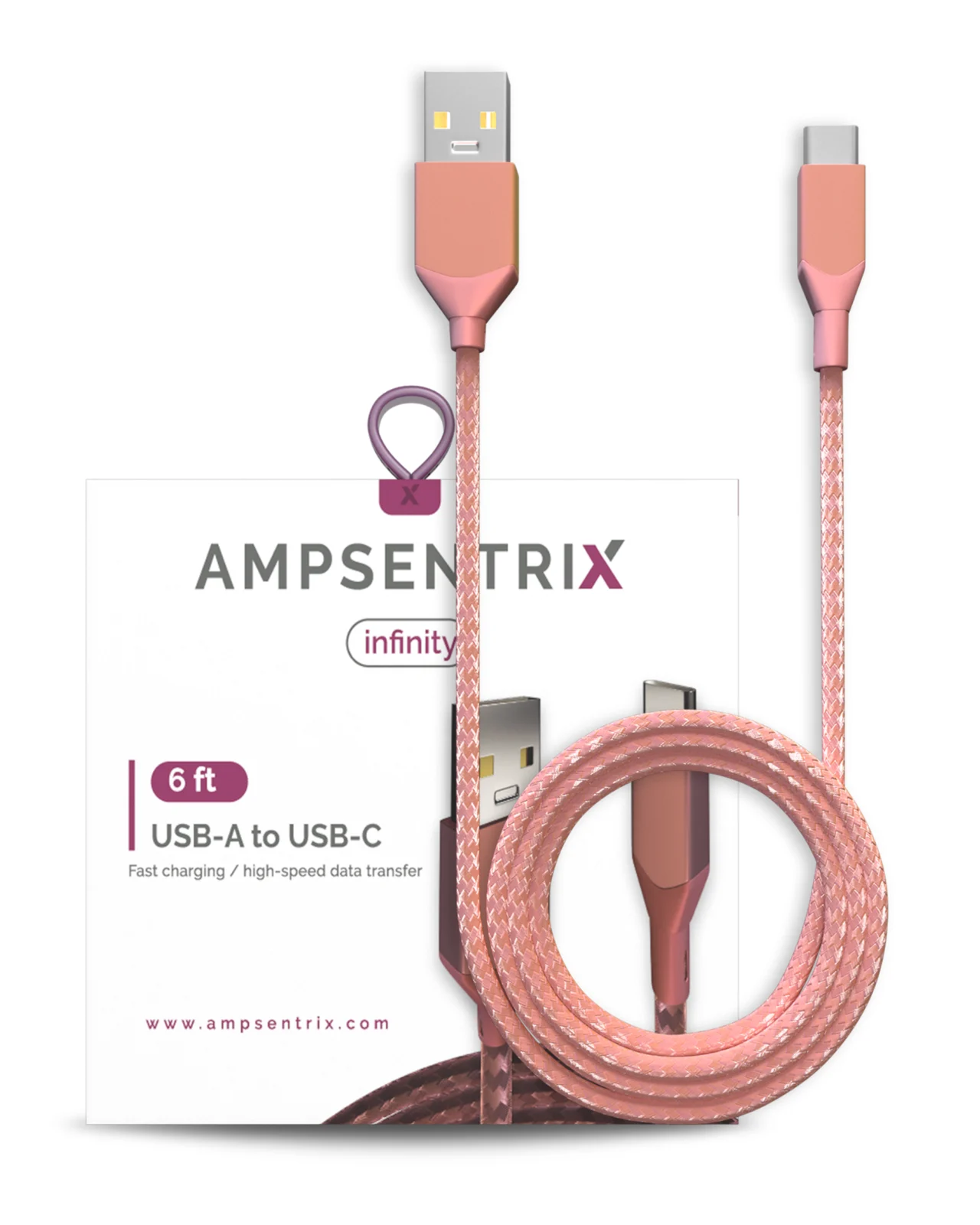 USB Type C To USB Type A Cable (1.8 m / 6 ft) (AmpSentrix Infinity) (Pink) - Image 4
