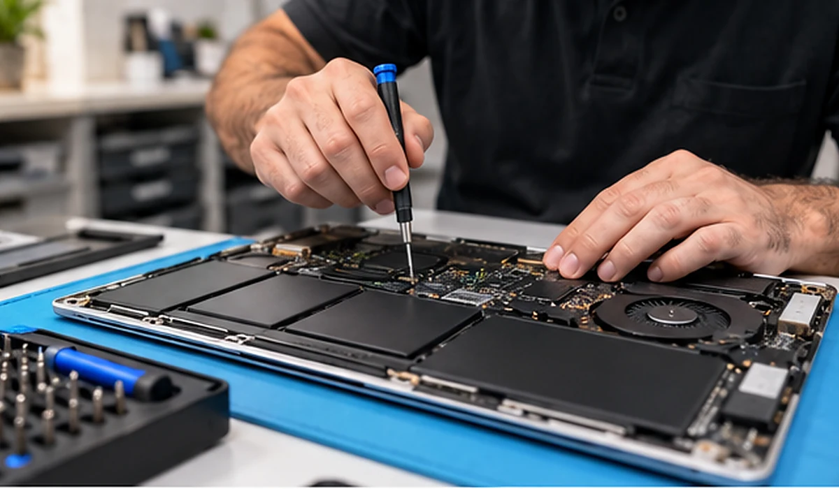 Technician inspecting a laptop for liquid damage in Fonthill