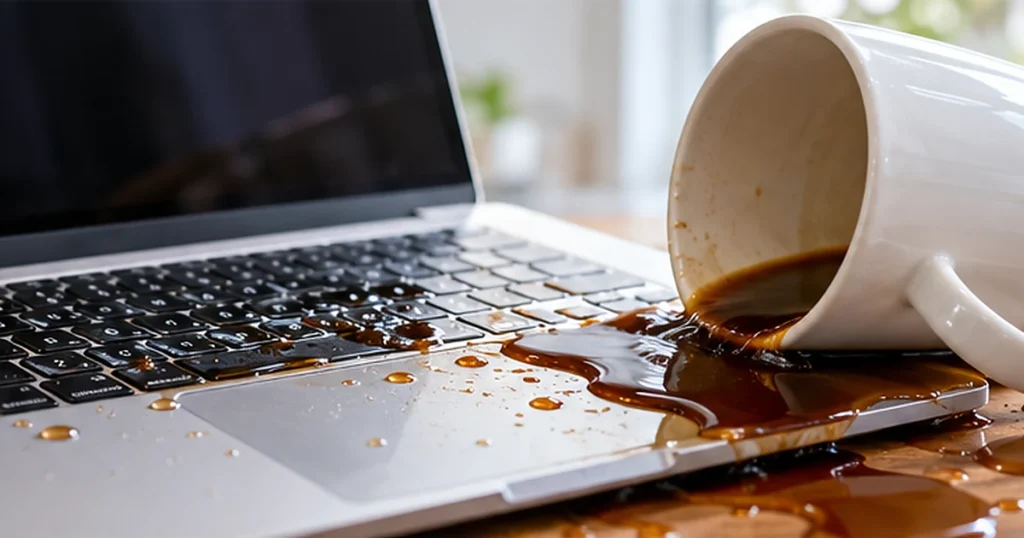 Coffee spilled on a MacBook keyboard, emergency liquid damage