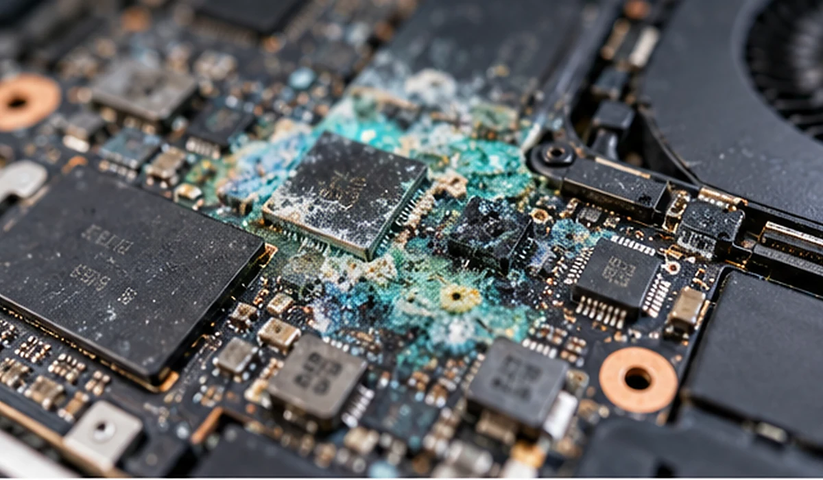Water-damaged laptop motherboard with corrosion close-up